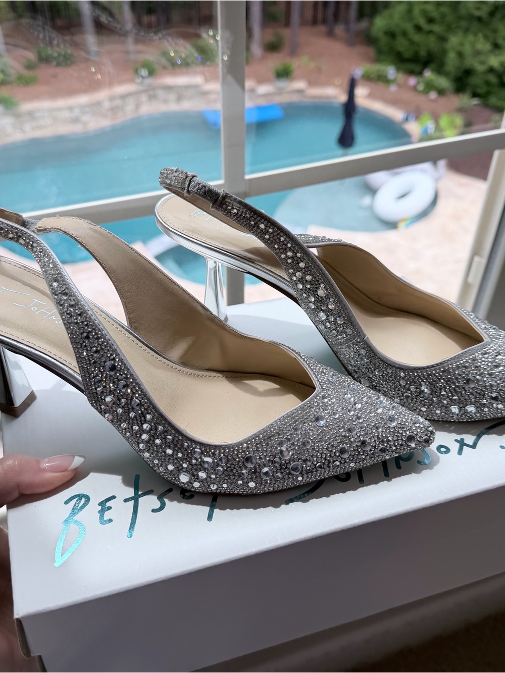 Betsey Johnson Silver Crystal Slingback Pointed-Toe Heels